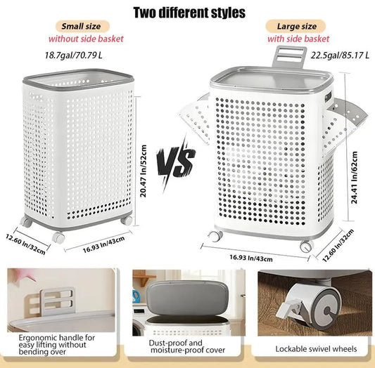 Laundry Basket with Wheels, White & Gray, Ventilated & Odor-Resistant, Portable Rolling Storage with Lid, Size Details in SKU Images, Assembly Guide in Main Image & Description