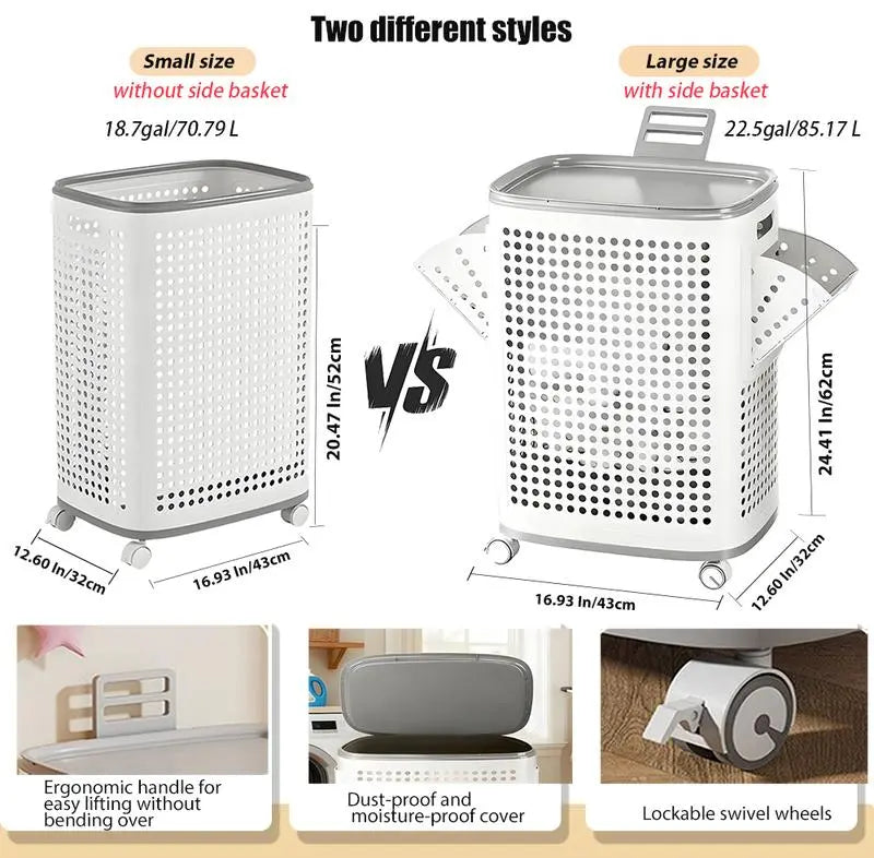 Laundry Basket with Wheels, White & Gray, Ventilated & Odor-Resistant, Portable Rolling Storage with Lid, Size Details in SKU Images, Assembly Guide in Main Image & Description