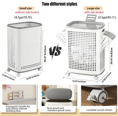 Laundry Basket with Wheels, White & Gray, Ventilated & Odor-Resistant, Portable Rolling Storage with Lid, Size Details in SKU Images, Assembly Guide in Main Image & Description