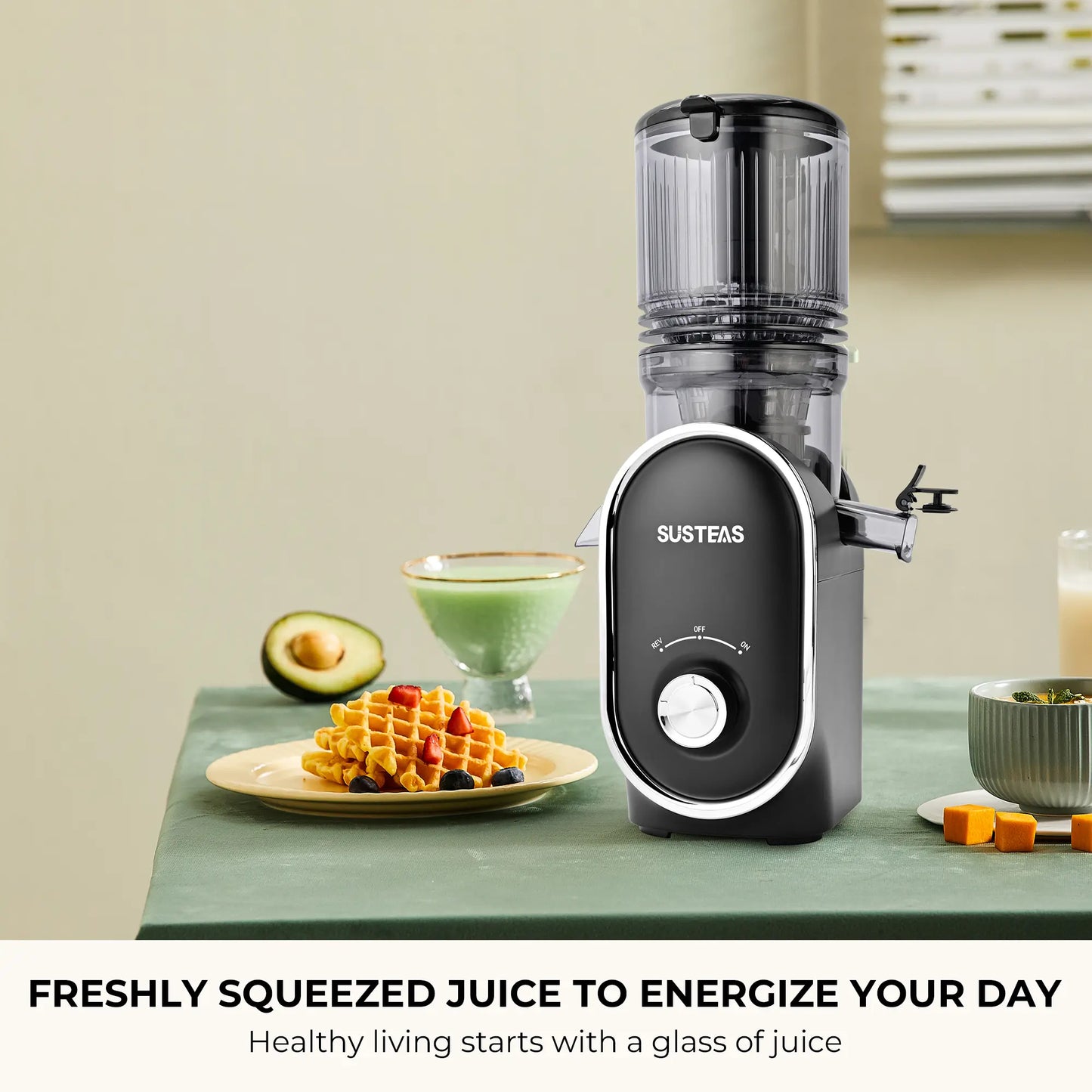 SUSTEAS Cold Press Juicer, 5.3 Inch Large Feed Opening, Slow Masticator Chute, For Whole Vegetables and Fruits, High Yield, Easy to Clean Springtok Steel