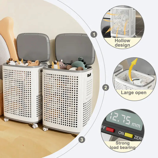 Laundry Basket with Wheels, White & Gray, Ventilated & Odor-Resistant, Portable Rolling Storage with Lid, Size Details in SKU Images, Assembly Guide in Main Image & Description