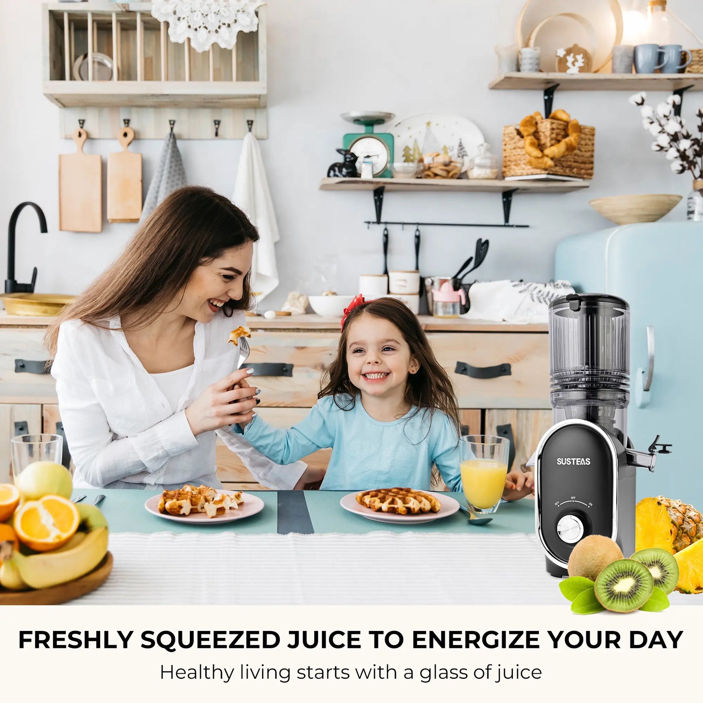 SUSTEAS Cold Press Juicer, 5.3 Inch Large Feed Opening, Slow Masticator Chute, For Whole Vegetables and Fruits, High Yield, Easy to Clean Springtok Steel